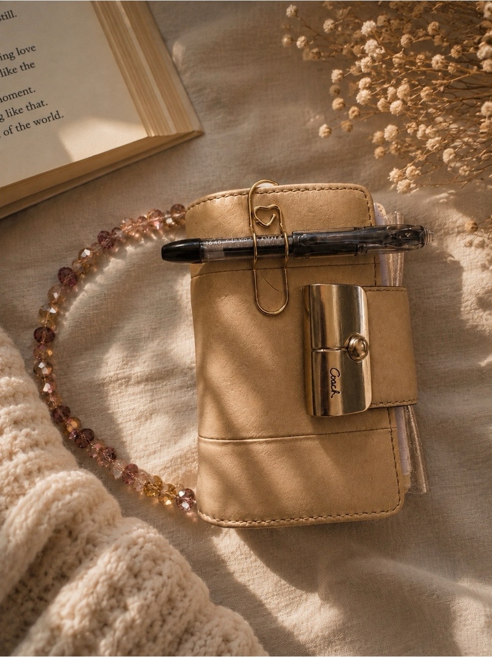Coach Tan Leather Card & Key Holder with Gold Hardware